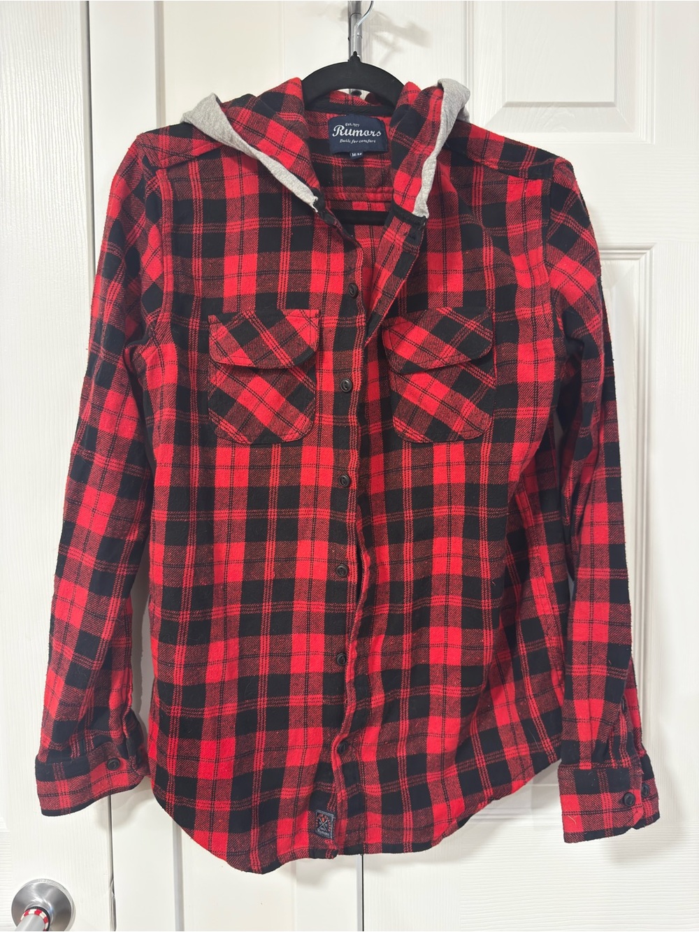 RUMORS Womens medium Red & Black Plaid Hooded Button-Up Shirt